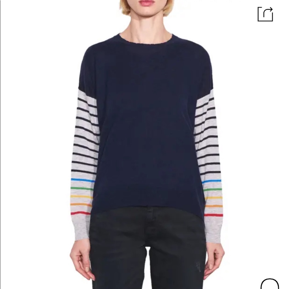 SUNDRY RAINBOW STRIPE SLEEVES WOOL & CASHMERE SWEATER IN NAVY
